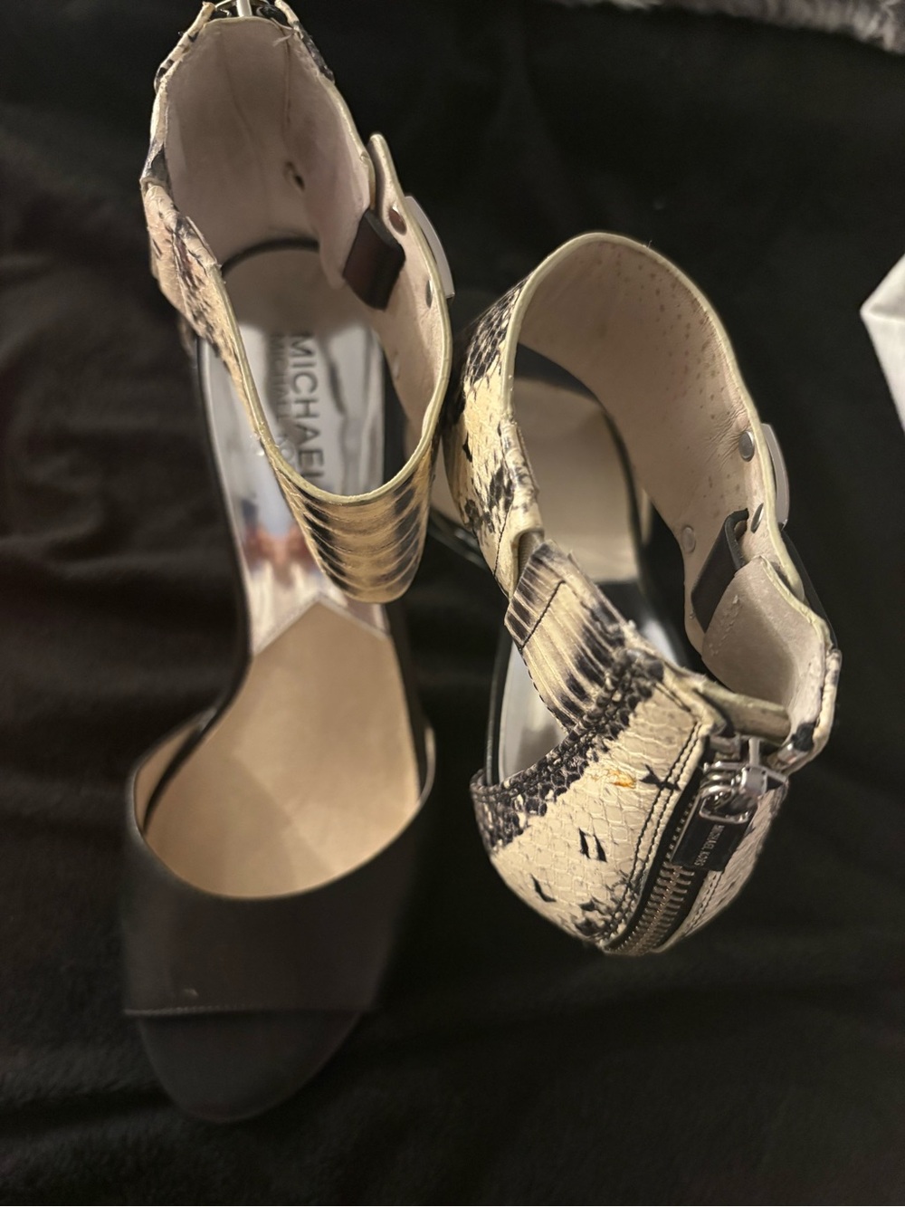 Michael Kors Black Sandal Heels with Beige Snake-Print Ankle Strap - Picture 5 of 5